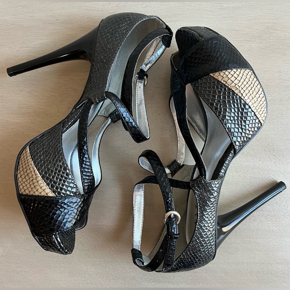 Nadara womens black snake patron strapped stilettos.